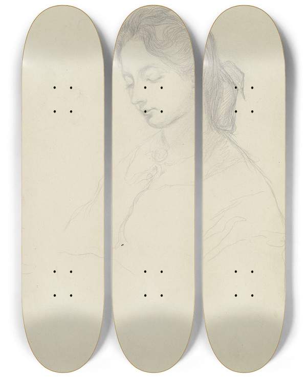 Triptych art skateboard deck of Victor Mller Junge Frau Den Kopf Leicht Nach Links Gesenkt by Victor Muller (1829-1871)