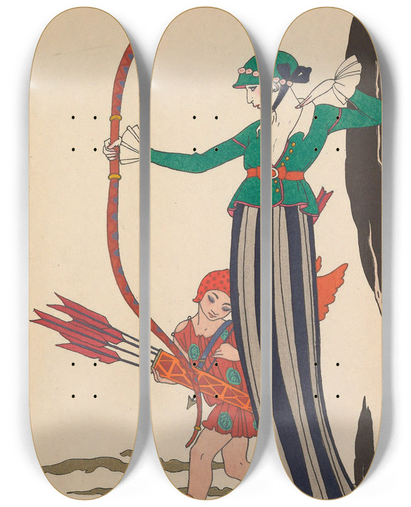 Triptych art skateboard deck of George Barbier Larc Rouge by George Barbier (1882-1932)