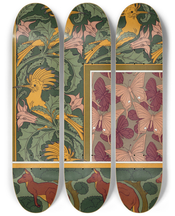 Triptych art skateboard deck of Maurice Pillard Verneuil Huppes Et Stramoine Bordure Papillons Toffe De Soie Kangourou Et Arbres Bordure by Maurice Pillard Verneuil (1869-1942)
