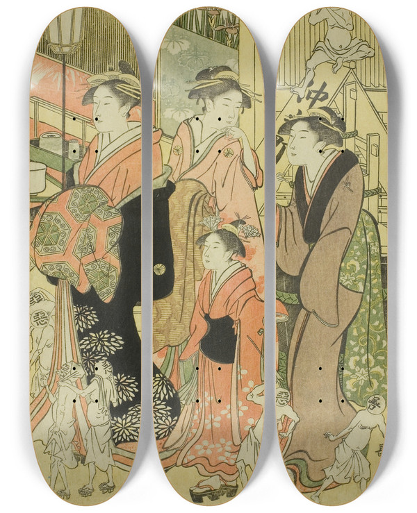 Triptych art skateboard deck of Eishsai Chki Good And Evil Influences Zendama Akudama Ii by Eishosai Choki (1786-1808)