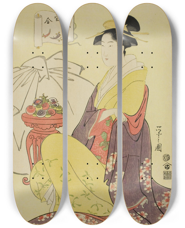Triptych art skateboard deck of Chbunsai Eishi Hotei From The Series Comparison Of The Treasures Of The Gods Of Good Fortune Fukujin Takara Awase by Chobunsai Eishi (1756-1829)