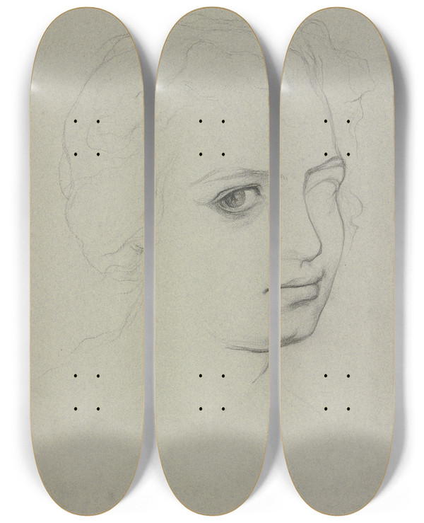 Triptych art skateboard deck of Victor Mller Head Of A Young Woman by Victor Muller (1829-1871)