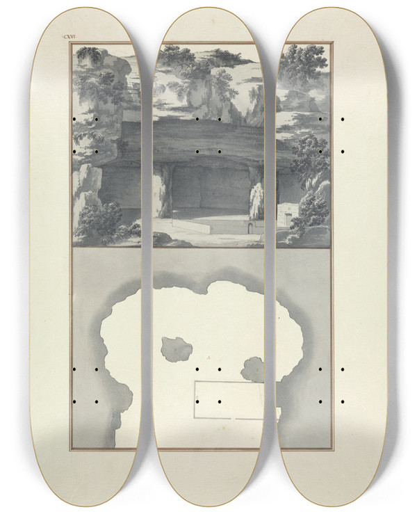 Triptych art skateboard deck of Giovanni Battista Borra View And Plan Of The Grotto Of Gethsemene by Giovanni Battista Borra (1713-1770)