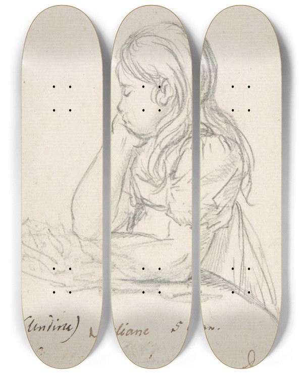 Triptych art skateboard deck of Johan Christian Dahl Portrait Of Juliane Sophie Heger As A Child Leaning On A Table by Johan Christian Dahl (1788-1857)