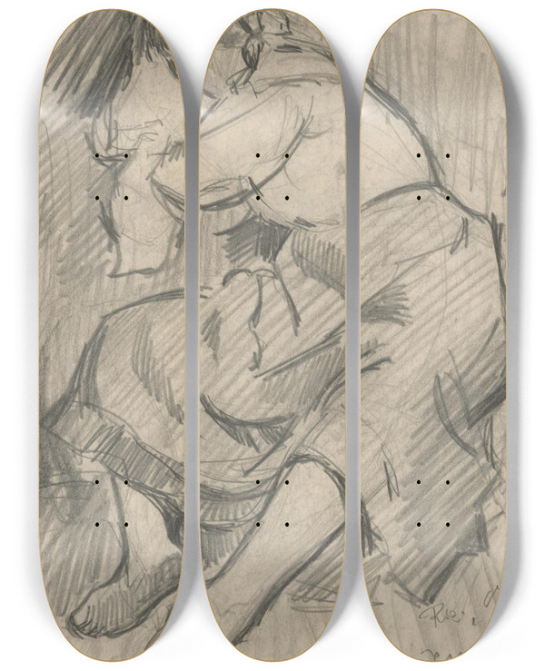 Triptych art skateboard deck of Eduard Putra Study Of A Seated Woman by Eduard Putra (1883-1915)