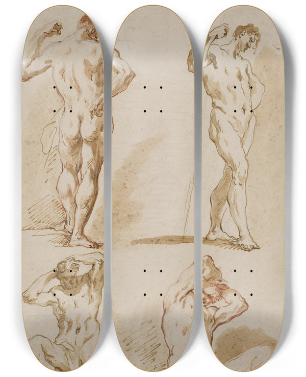 Triptych art skateboard deck of Gaspare Diziani Study Of Four Male Nudes by Gaspare Diziani (1689-1767)