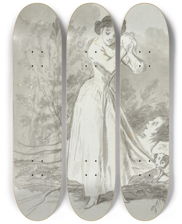 Triptych art skateboard deck of Francisco De Goya Young Woman Wringing Her Hands Over A Mans Naked Body Verso by Francisco de Goya (1746-1828)