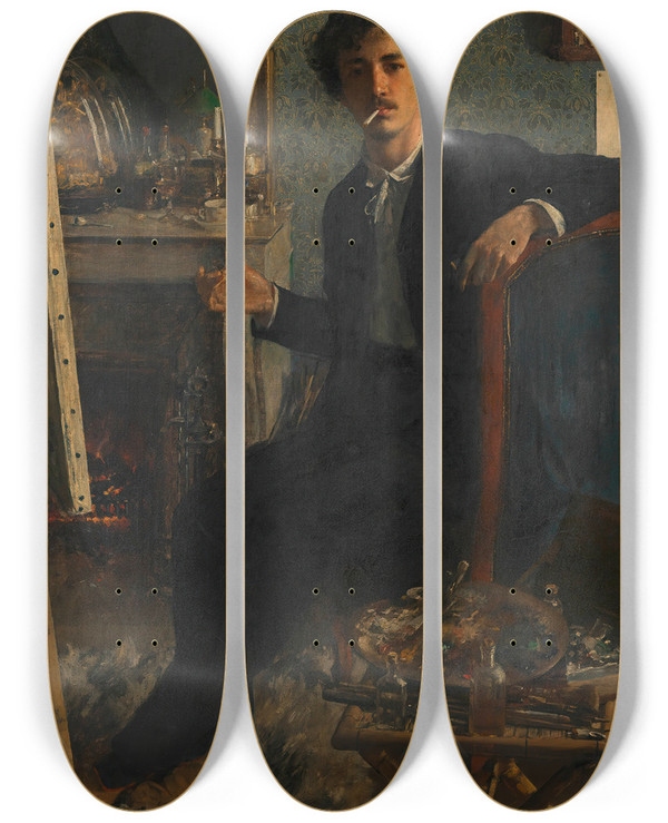 Triptych art skateboard deck of Johann Victor Krmer Selbstbildnis Am Kamin by Johann Victor Kramer (1861-1949)