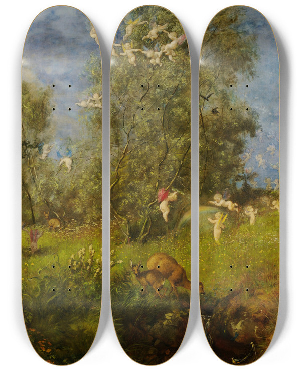 Triptych art skateboard deck of Hans Thoma Spring by Hans Thoma (1839-1924)