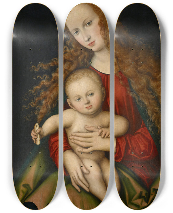 Triptych art skateboard deck of Lucas Cranach The Elder Virgin And Child_1 by Lucas Cranach The Elder (1472-1553)