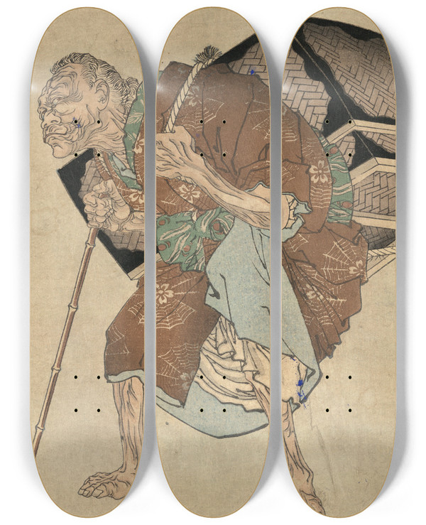 Triptych art skateboard deck of Tsukioka Yoshitoshi Shitakiri Suzume_2 by Tsukioka Yoshitoshi (1839-1892)