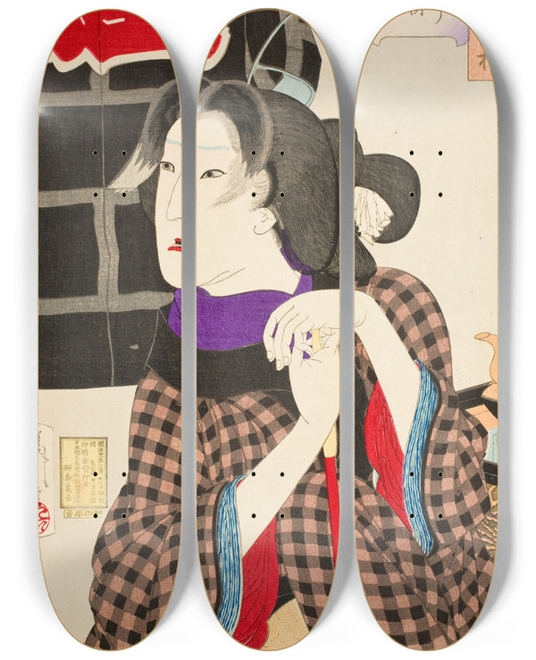 Triptych art skateboard deck of Tsukioka Yoshitoshi Expectant The Appearance Of A Firemans Wife In The Kaei Era by Tsukioka Yoshitoshi (1839-1892)