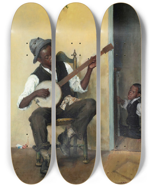 Triptych art skateboard deck of Lon Delachaux The Banjo Player by Leon Delachaux (1850-1919)