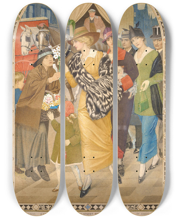 Triptych art skateboard deck of Joseph Edward Southall Corporation Street Birmingham In March 1914 by Joseph Edward Southall (1861-1944)
