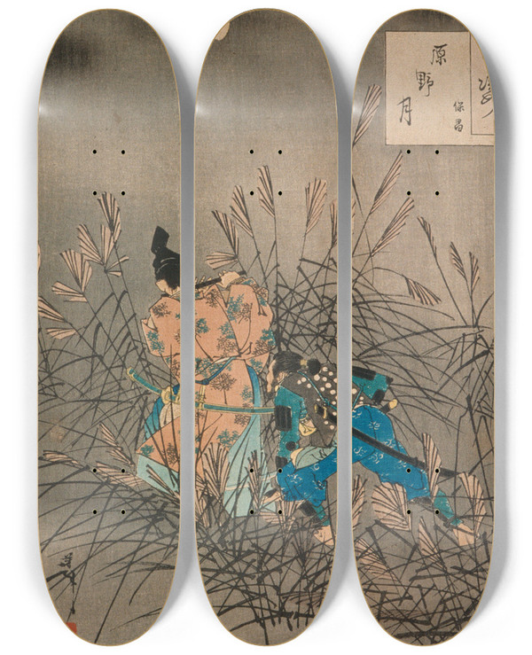 Triptych art skateboard deck of Tsukioka Yoshitoshi Fujiwara No Yasumasa Playing The Flute By Moonlight On An Open Moor by Tsukioka Yoshitoshi (1839-1892)