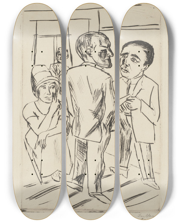 Triptych art skateboard deck of Max Beckmann At The Hotel The Dollar by Max Beckmann (1884-1950)