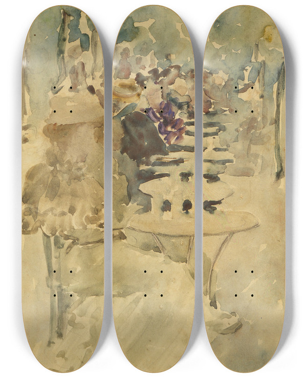 Triptych art skateboard deck of Maurice Prendergast Outdoor Cafe by Maurice Prendergast (1858-1924)