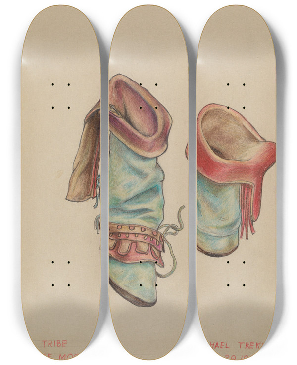Triptych art skateboard deck of Michael Trekur Dance Moccasins by Michael Trekur