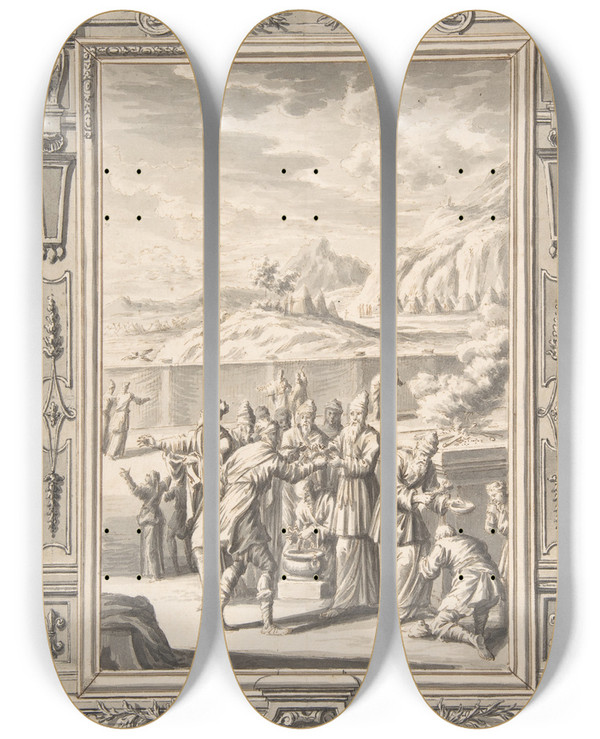Triptych art skateboard deck of Johann Melchior Fssli The Law Of The Leper In The Day Of His Cleansing by Johann Melchior Fussli (1677-1736)