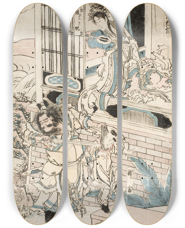 Triptych art skateboard deck of Katsushika Hokusai The Palace Of King Zhou Of China by Katsushika Hokusai (1760-1849)