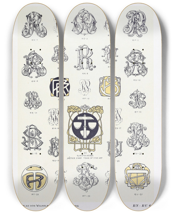 Triptych art skateboard deck of Wilhelm Diebener Monogrammes Und Dekorationen Pl061 by Wilhelm Diebener (1922)