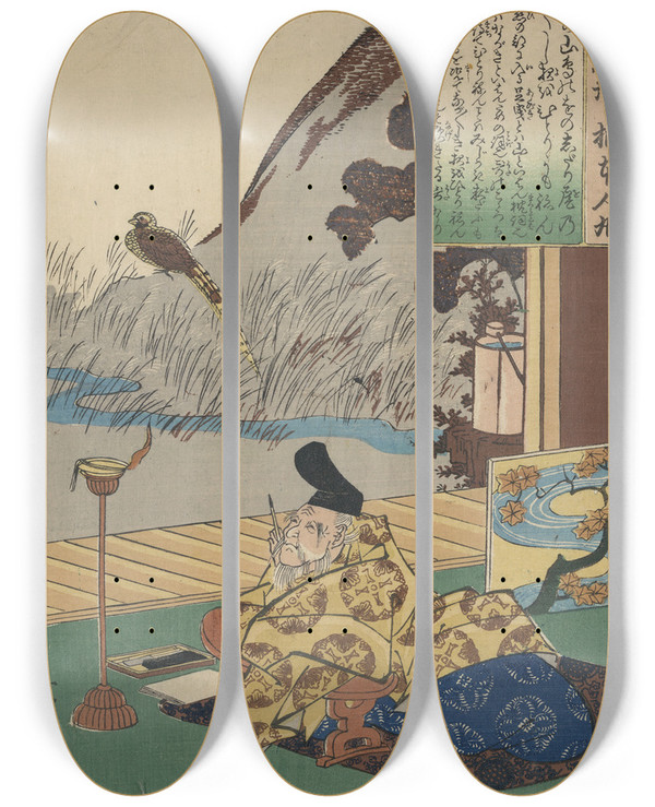 Triptych art skateboard deck of Utagawa Kuniyoshi Kakinomoto No Hitomaro by Utagawa Kuniyoshi (1797-1861)