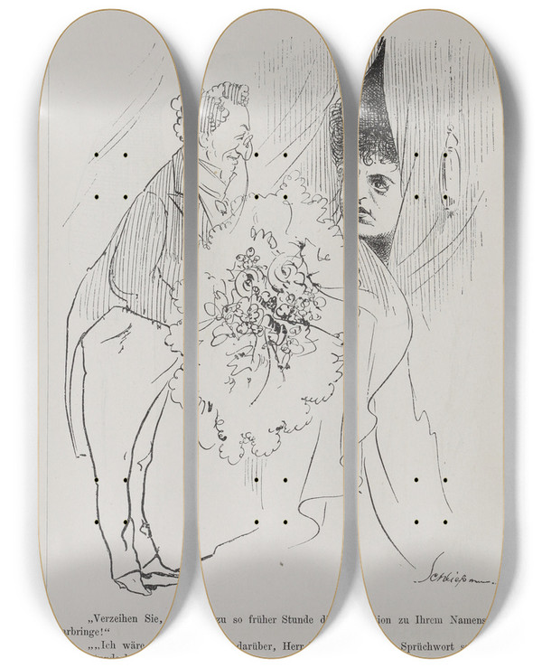 Triptych art skateboard deck of Karel Klic Bilderbuch Fur Hagestolze Pl068 by Karel Klic (1841-1926)