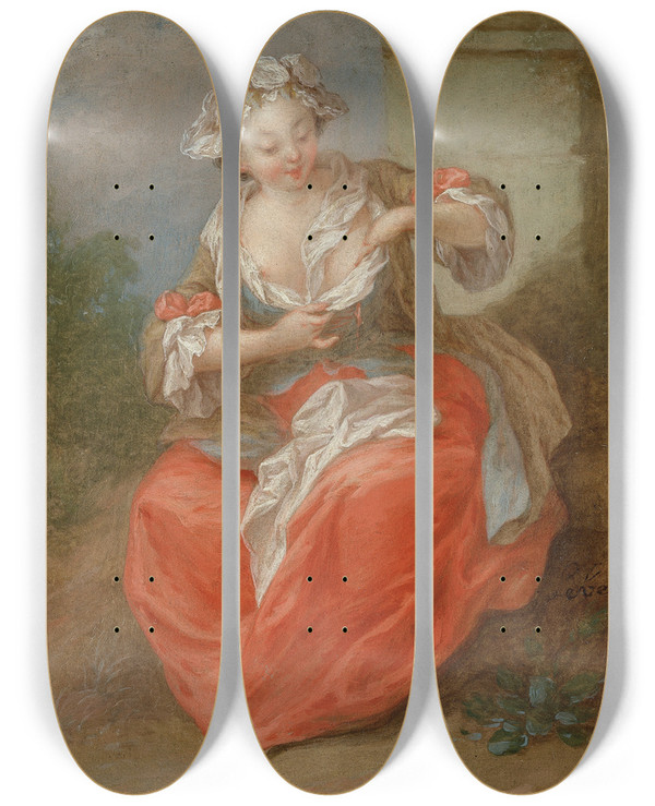 Triptych art skateboard deck of Jeanbaptiste Lebel Young Girl Chasing Fleas by Jean-Baptiste Lebel (1700-1749)