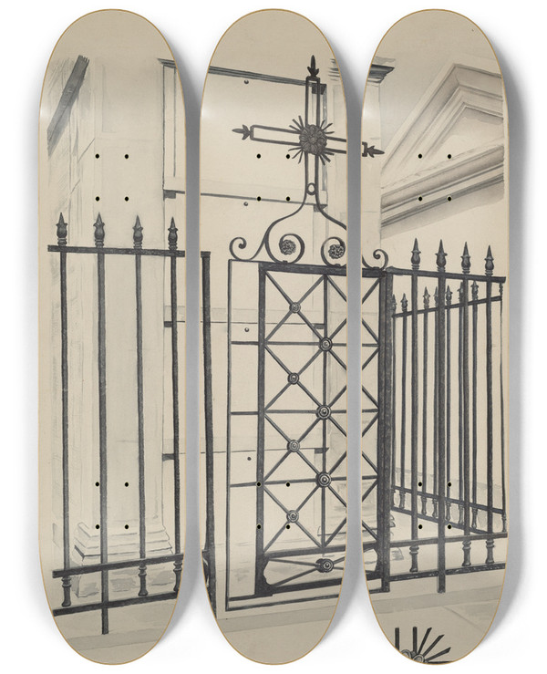 Triptych art skateboard deck of Ray Price Iron Gate And Fence_4 by Ray Price (20-)
