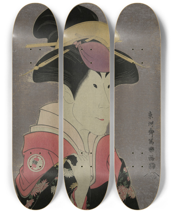 Triptych art skateboard deck of Tshsai Sharaku Segawa Tomisabur As Yadorigi Wife Of Ogishi Kurando by Toshusai Sharaku (1794-1795)