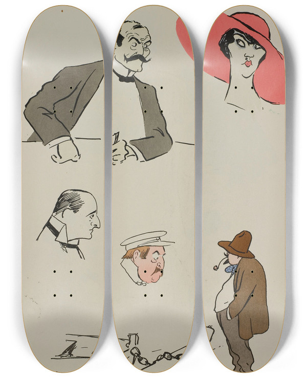 Triptych art skateboard deck of Georges Goursat Sem Encore Des Chanes by Georges Goursat (Sem) (1863-1934)