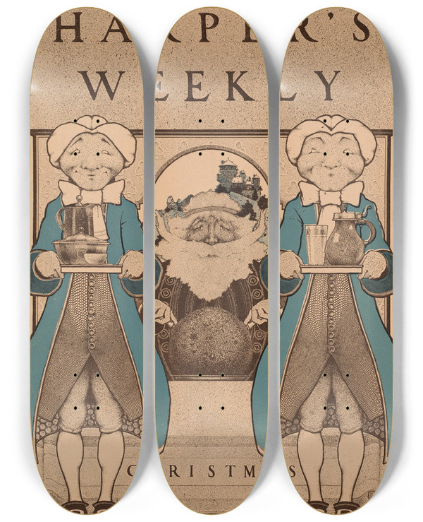 Triptych art skateboard deck of Maxfield Parrish Harpers Weekly Christmas_1 by Maxfield Parrish (1870-1966)
