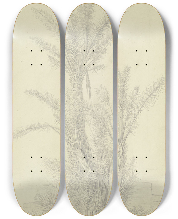 Triptych art skateboard deck of Theodor Pelissier Palm Group Near Vico by Theodor Pelissier (1794-1863)