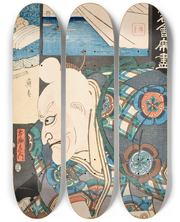 Triptych art skateboard deck of Utagawa Kunisada Toyokuni Iii The Uota Restaurant Actor Ichikawa Ebiz V As Tarzaemon by Utagawa Kunisada (Toyokuni III) (1786-1865)