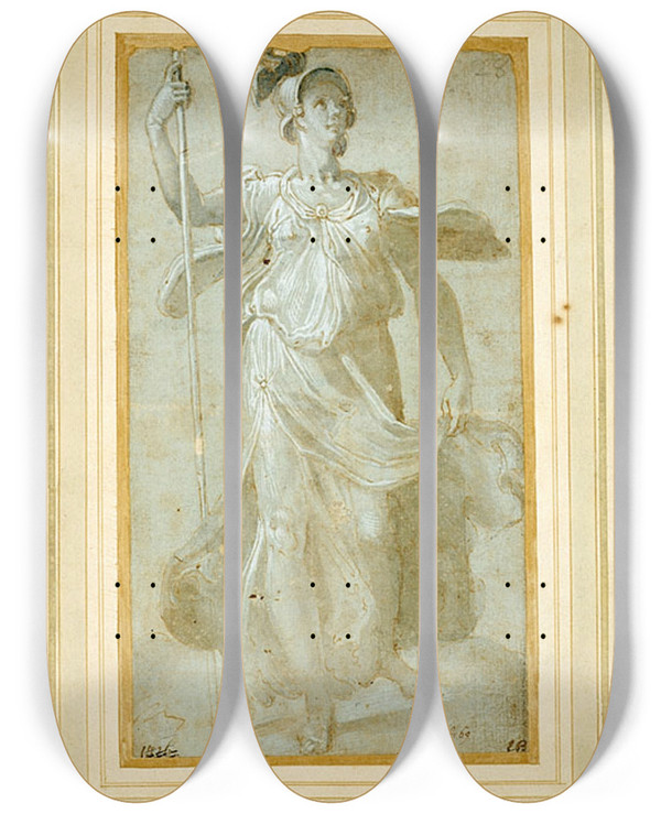 Triptych art skateboard deck of Circle Of Federico Zuccaro Fulllength Draped Figure Of Woman by Circle Of Federico Zuccaro (1541-1609)