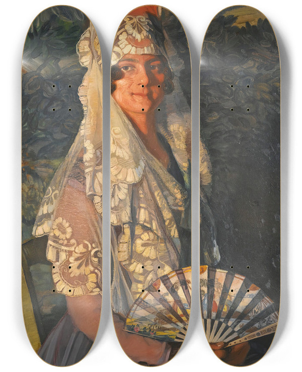 Triptych art skateboard deck of Ignacio Zuloaga Damacon Mantilla Y Abanico Lady With Mantilla And Fan by Ignacio Zuloaga (1870-1945)