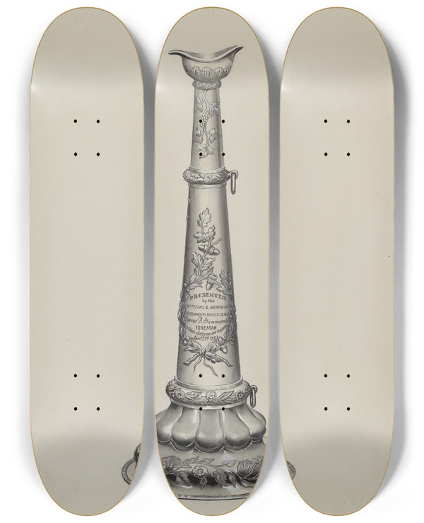 Triptych art skateboard deck of Howard H Sherman Firemans Trumpet by Howard H Sherman