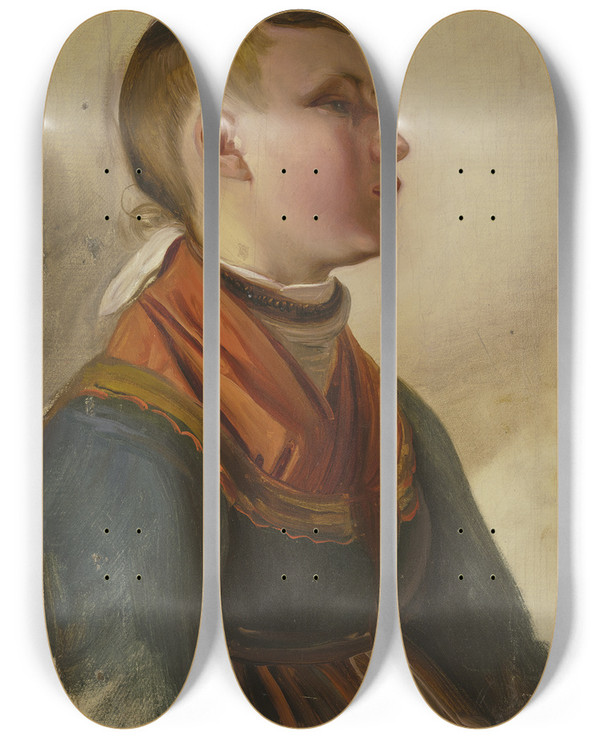 Triptych art skateboard deck of Jakob Becker Farm Girl 2 by Jakob Becker (1810-1872)