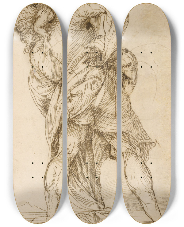 Triptych art skateboard deck of Domenico Campagnola Saint Christopher by Domenico Campagnola (1500-1564)