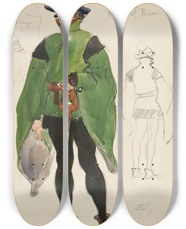 Triptych art skateboard deck of Edwin Austin Abbey Keeper Of Prison Costume Sketch For Henry Irvings 1898 Planned Production Of Richard Ii by Edwin Austin Abbey (1852-1911)