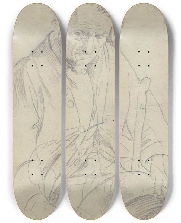 Triptych art skateboard deck of Jakob Becker Old Farmer_1 by Jakob Becker (1810-1872)