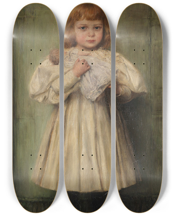 Triptych art skateboard deck of Wilhelm Carl Ruber Mdchen Mit Puppe Die Adoptivtochter Des Knstlers by Wilhelm Carl Rauber (1849-1926)
