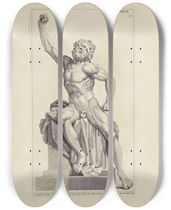 Triptych art skateboard deck of Michael Van Der Gucht Anatomy Improvd And Illustrated With Regard To The Uses Thereof In Designing Pl27 by Michael van der Gucht (1660-1725)