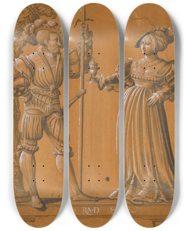 Triptych art skateboard deck of Hans Rudolf Manuel Scheibenriss Mit Frau Die Einem Landsknecht Den Willkommtrunk Reicht_1 by Hans Rudolf Manuel (1525-1571)