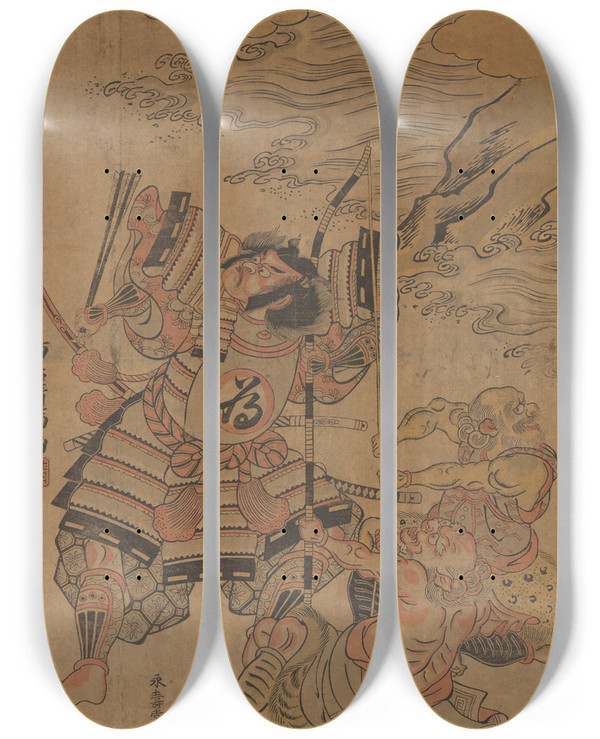Triptych art skateboard deck of Torii Kiyomitsu Hero Tametomo Attacked On The Isle Of The Devil by Torii Kiyomitsu (1735-1785)