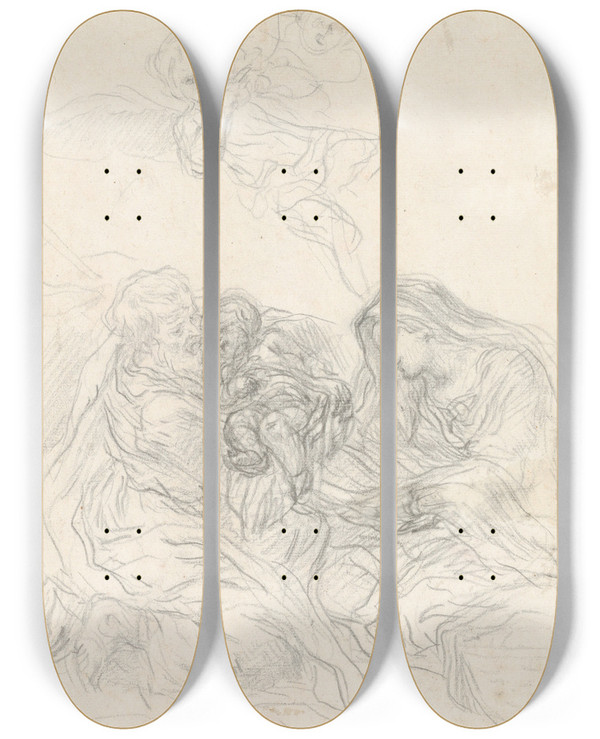 Triptych art skateboard deck of Baldassarre Franceschini Holy Family With Two Flying Angels by Baldassarre Franceschini (1611-1689)
