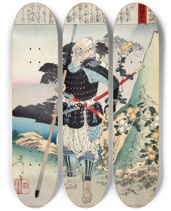 Triptych art skateboard deck of Tsukioka Yoshitoshi The Old Warrior Tomobayashi Rokur Mitsuhira by Tsukioka Yoshitoshi (1839-1892)