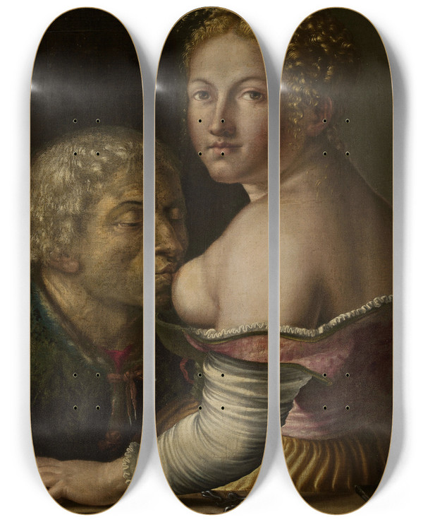 Triptych art skateboard deck of Georg Pencz Caritas Romana by Georg Pencz (1500-1550)