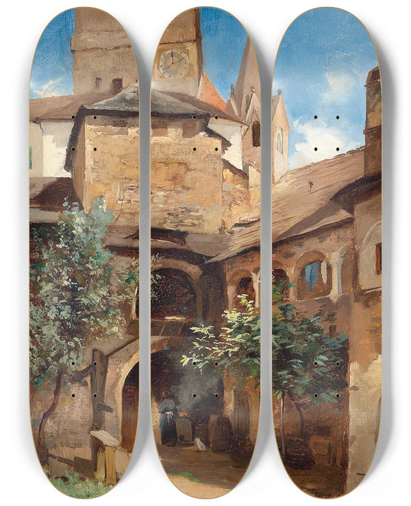Triptych art skateboard deck of Leopold Munsch Deisener Hof In Weissenkirchen by Leopold Munsch (1826-1888)