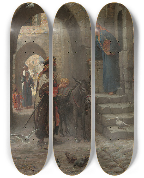 Triptych art skateboard deck of James Doyle Penrose A Fruit Seller In A North African Street by James Doyle Penrose (1862-1932)